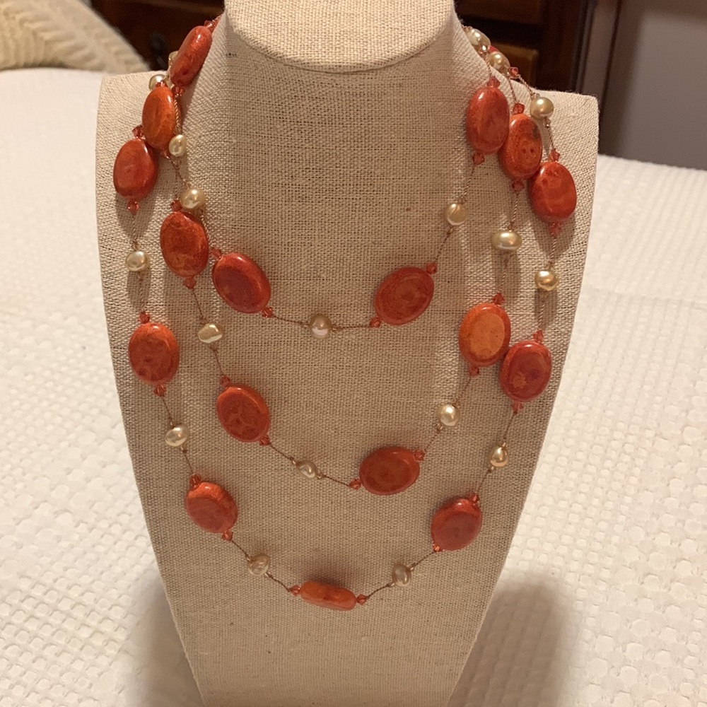 Margo Morrison Triple Length Sponge Coral and Freshwater Pearl Combination.